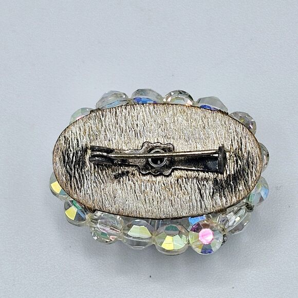 Vtg Wedding Brooch Crystal Rhinestone Accent Aurora Borealis Oval Estate Pin - Picture 7 of 9